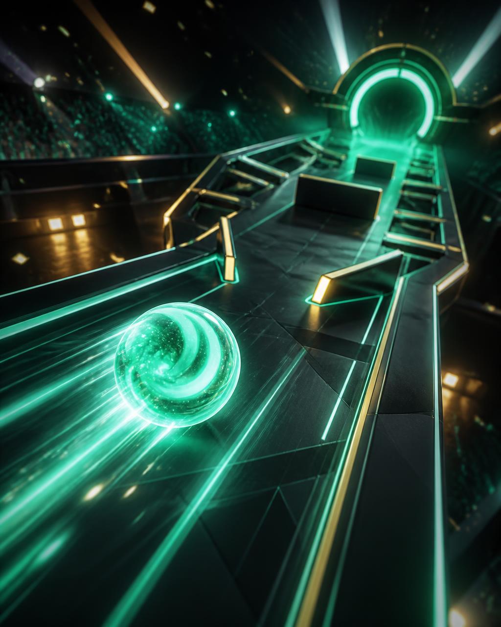 Tiltapalooza — a glowing marble racing down a tilted neon arena board